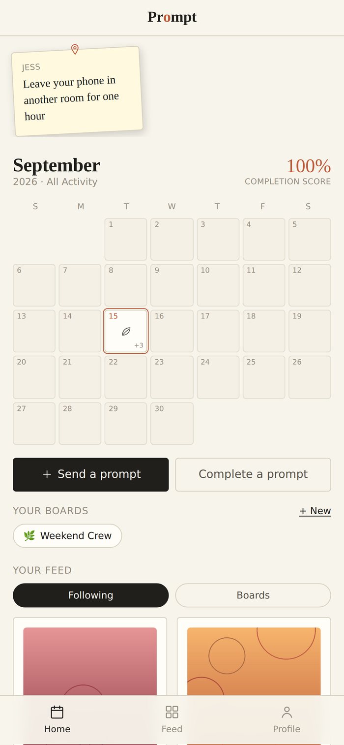 Home screen with calendar and completion score